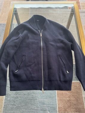 Theory Cashmere Blend Dark Navy Ribbed Zip-Up Cardigan